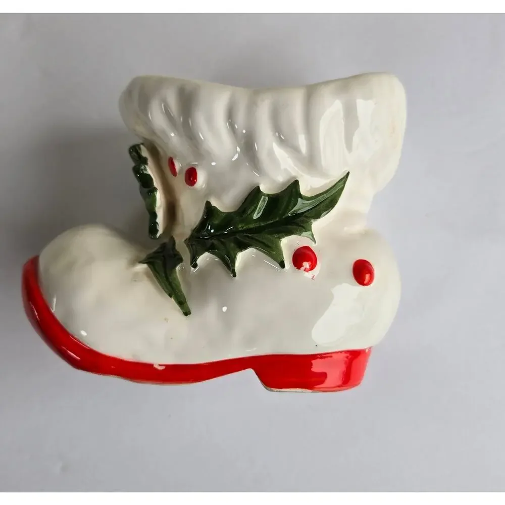 Vintage Santa Boot Ceramic Planter 5 1/2 in Wide 3/3/4 in Tall Holly Berries